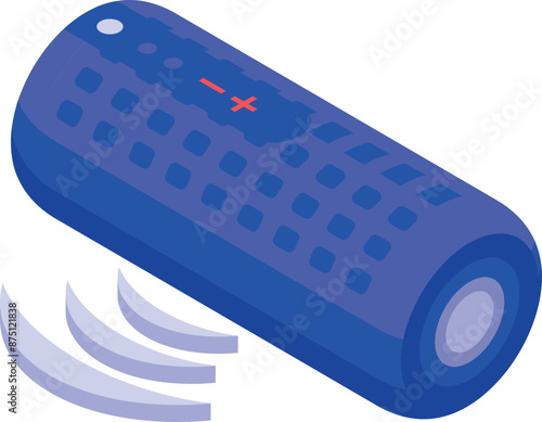 Blue wireless speaker playing music, isometric illustration of audio device for listening to sound recordings