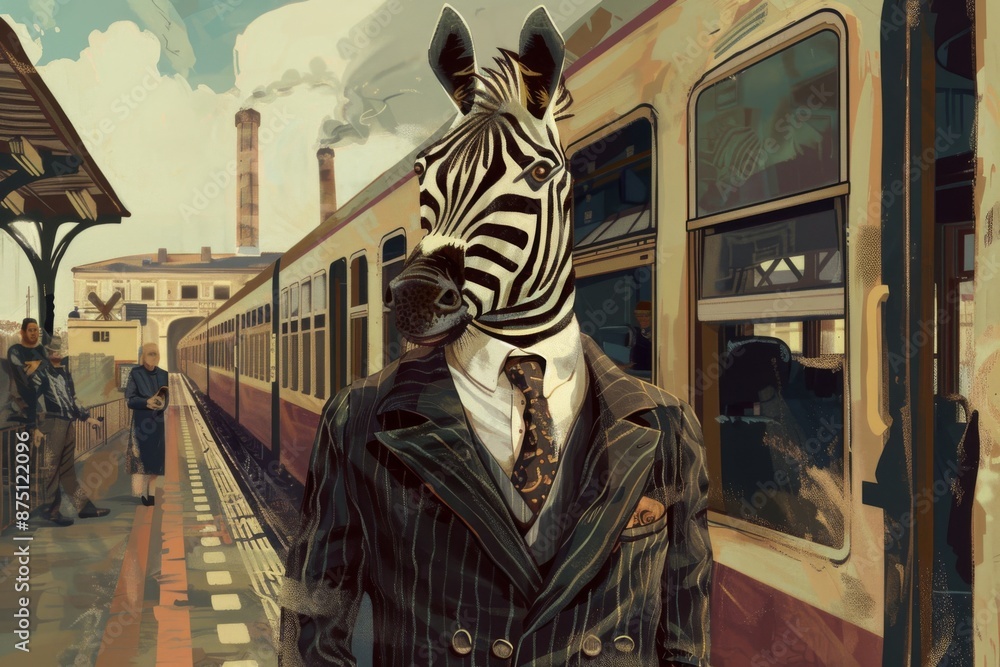 A stylish zebra stands confidently in front of a train, ready to embark on a journey. The zebra's suit and tie add a touch of sophistication to its already striking appearance. A stylish zebra stands confidently in front of a train, ready to embark on a journey. The zebra's suit and tie add a touch of sophistication to its already striking appearance.