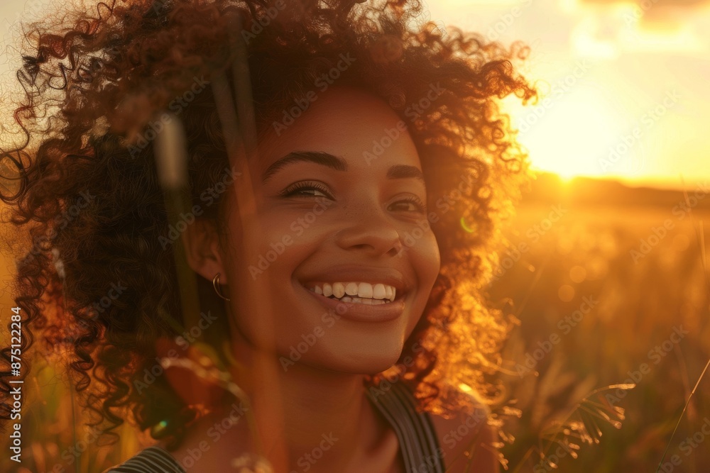 Amidst the golden light of the setting sun, a curly-haired young woman smiles warmly as she stands in an open field. Her cheerful expression is enhanced by the soft natural light. Amidst the golden light of the setting sun, a curly-haired young woman smiles warmly as she stands in an open field. Her cheerful expression is enhanced by the soft natural light.