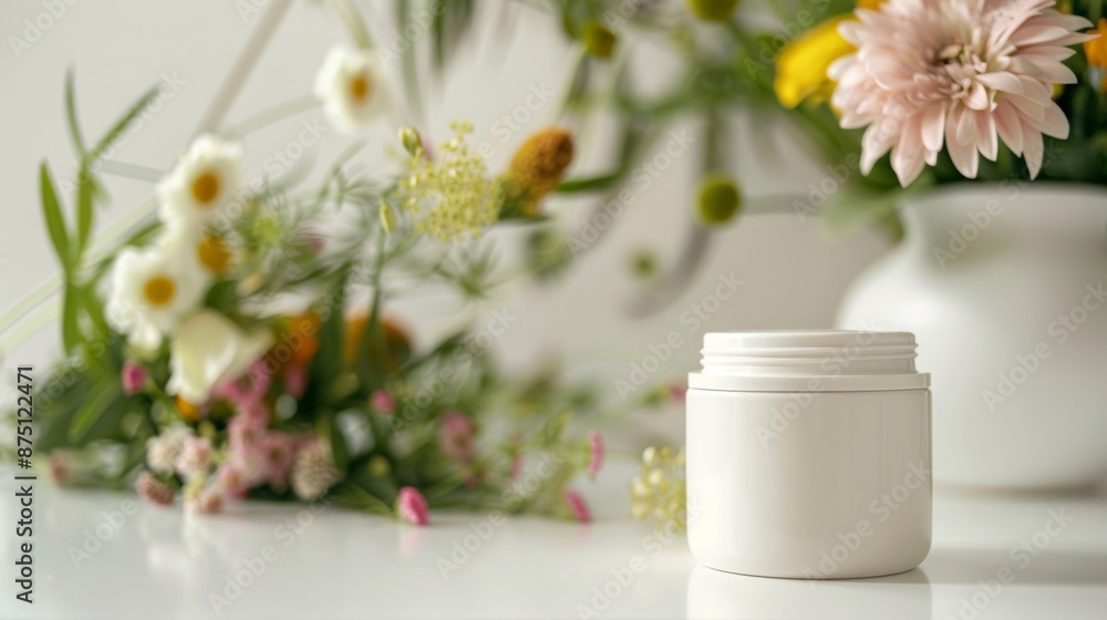 A clean white cream jar is placed elegantly on the table, perfect for emphasizing the elegance and purity of the product in skincare or cosmetic promotions. A clean white cream jar is placed elegantly on the table, perfect for emphasizing the elegance and purity of the product in skincare or cosmetic promotions.