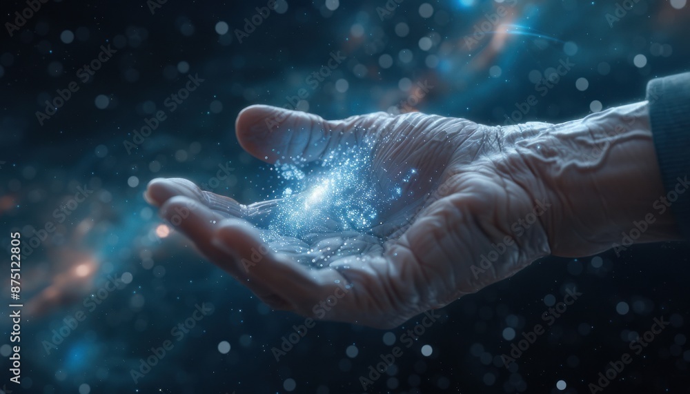 Fototapeta premium A hand holding a small object in a dark blue background