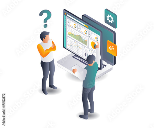 Businessmen discussing opinions on computer data analysis