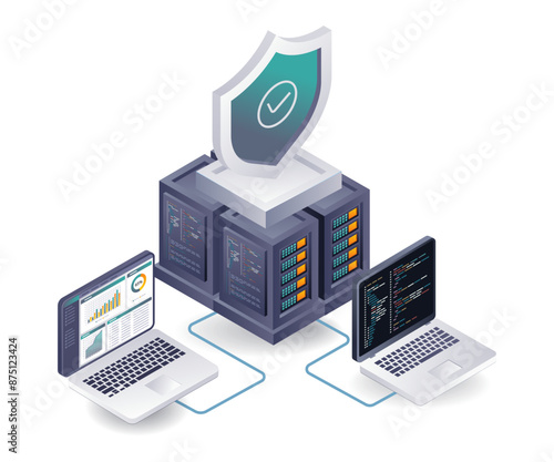 Cloud server security analysis system flat isometric illustration