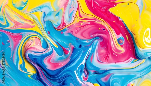 Abstract background with colorful liquid paint swirls, forming unique patterns with shades of blue, yellow, pink, and red.