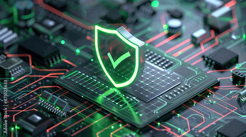 Digital security shield icon on a circuit board background. Printed ...