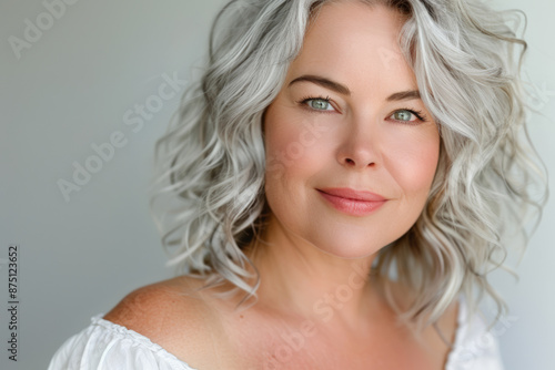 Close-up portrait of elderly Caucasian woman, studio photo, against a sleek gray studio backdrop