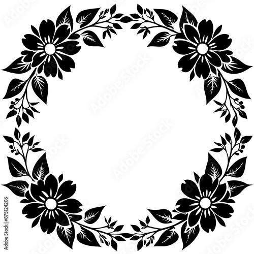 black circular design with floral and leafy patterns radiates symmetrically