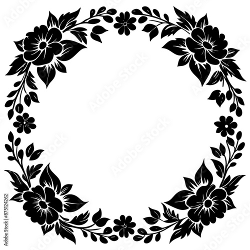 black circular design with floral and leafy patterns radiates symmetrically