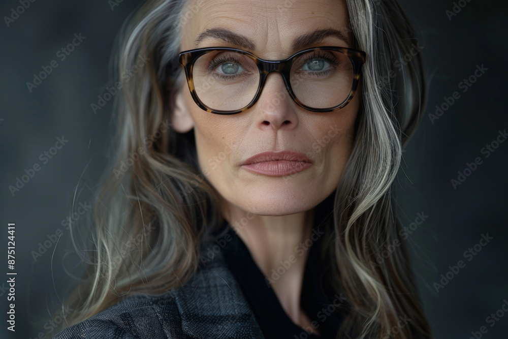 Fototapeta premium Close-up portrait of elderly Caucasian woman, studio photo, against a sleek gray studio backdrop
