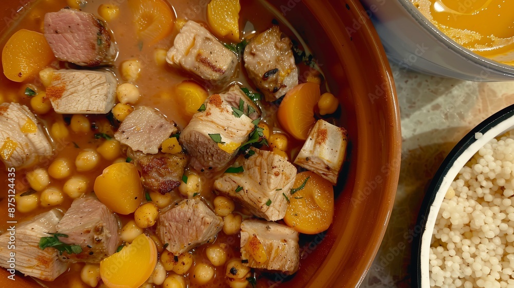 Hearty lamb stew with chickpeas, apricots, and fresh herbs in a rich broth, perfect for a cozy meal. Hearty lamb stew with chickpeas, apricots, and fresh herbs in a rich broth, perfect for a cozy meal.