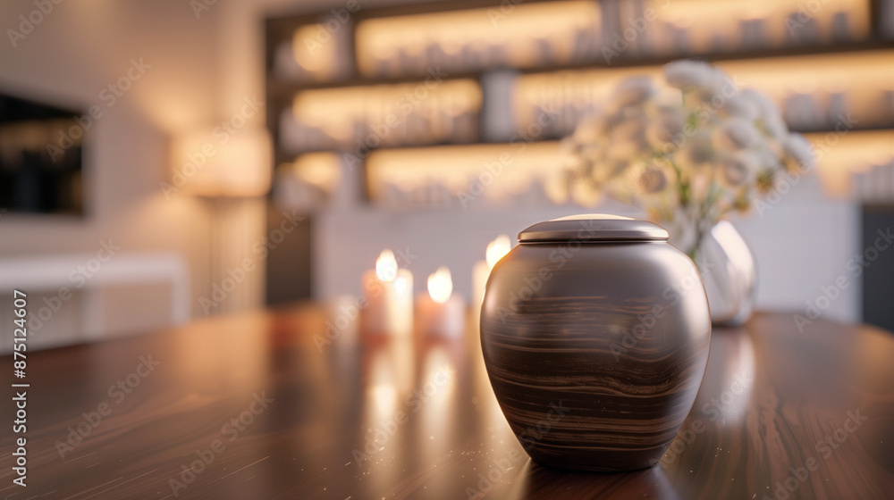 Ritual urn on wooden table Ritual urn on wooden table