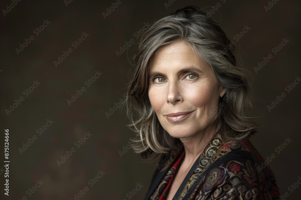 Head and shoulders portrait of middle aged Caucasian woman, studio photo, against a sleek gray studio backdrop Head and shoulders portrait of middle aged Caucasian woman, studio photo, against a sleek gray studio backdrop