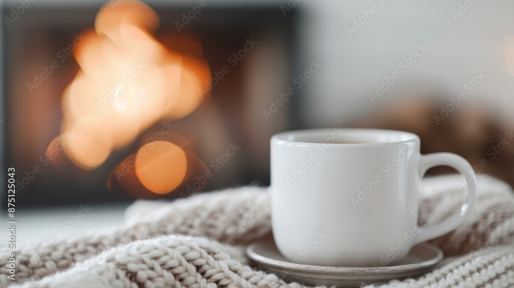 A serene scene featuring a white mug on a saucer wrapped in a cozy knit blanket, set against the warm, glowing backdrop of a fireplace for a comforting winter ambiance. A serene scene featuring a white mug on a saucer wrapped in a cozy knit blanket, set against the warm, glowing backdrop of a fireplace for a comforting winter ambiance.