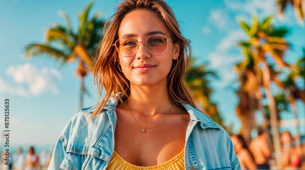 Young woman in sunglasses smiling on a sunny boardwalk with palm trees. Concept: summer, leisure, youth. Suitable for travel agencies, fashion brands, travel blogs. Ideal for promoting summer vacation