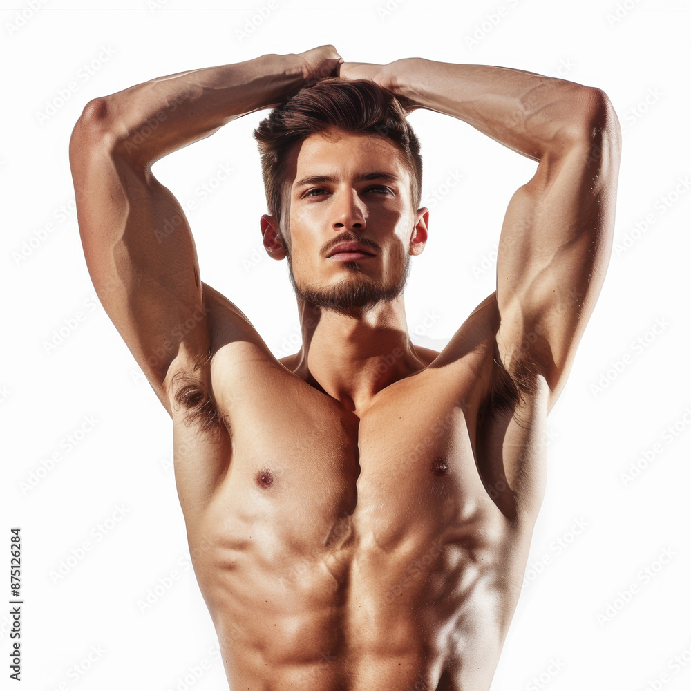 Muscular Man Posing With Arms Raised Against White Background Muscular Man Posing With Arms Raised Against White Background