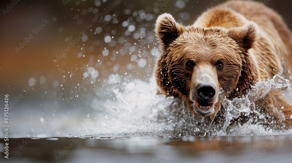 A powerful brown bear is seen charging through the water, creating dynamic splashes and demonstrating its strength and agility in a natural habitat setting. A powerful brown bear is seen charging through the water, creating dynamic splashes and demonstrating its strength and agility in a natural habitat setting.