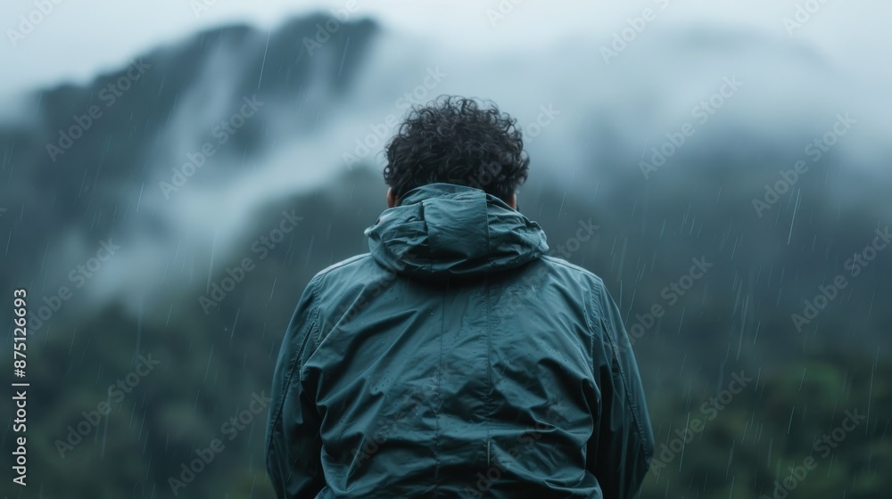 A man wearing a blue raincoat faces away, gazing at mist-covered mountains, embodying a sense of adventure, introspection, and the profound beauty of nature. A man wearing a blue raincoat faces away, gazing at mist-covered mountains, embodying a sense of adventure, introspection, and the profound beauty of nature.