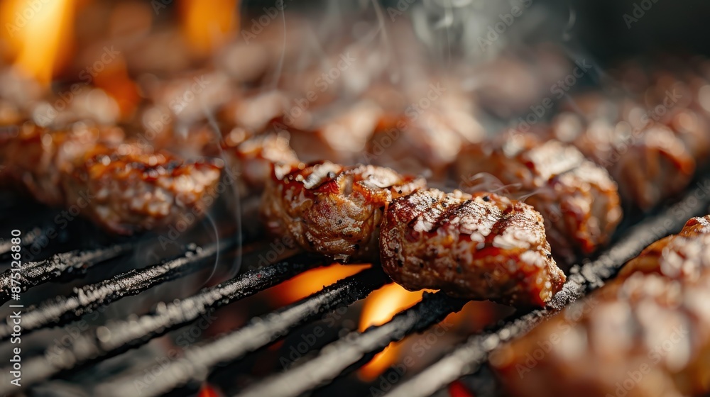 Delicious seasoned meat skewers being grilled over hot open flame grills, emitting savory aromas and showcasing a perfect balance of crispy char and juicy tenderness.