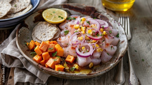 Fresh seafood ceviche with diced sweet potatoes and corn on a rustic ceramic plate, garnished with red onions and lemon.