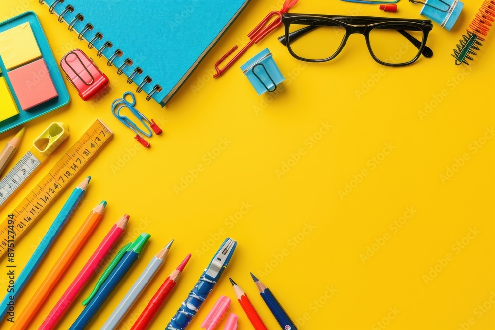 Bright Stationery Layout with Notebooks, Glasses, and Colorful Tools on Yellow Background Bright Stationery Layout with Notebooks, Glasses, and Colorful Tools on Yellow Background