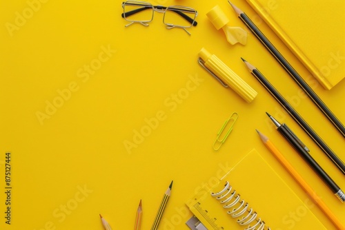 Bright Yellow Office Supplies Flat Lay with Glasses and Stationery photo