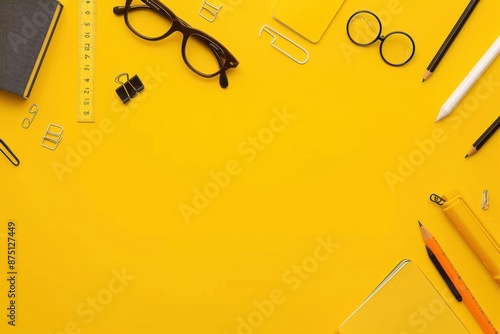 Bright Yellow Stationery Layout with Glasses, Notepad, and Office Supplies photo