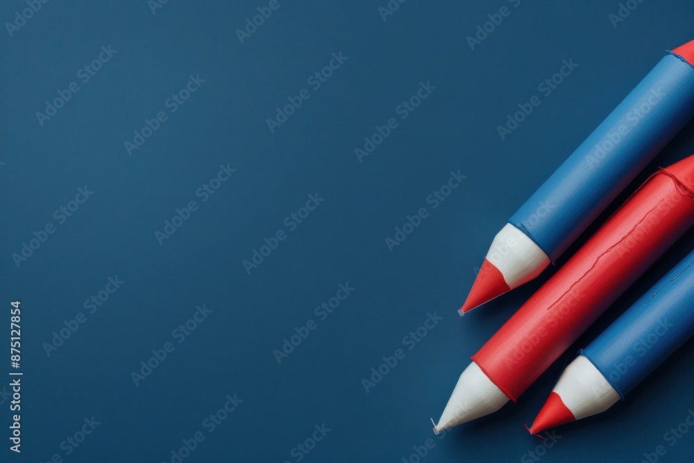 Three Blue and Red Crayons on Blue Background in Minimalist Composition Three Blue and Red Crayons on Blue Background in Minimalist Composition