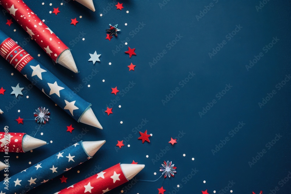 Fototapeta premium Patriotic Rockets and Stars Composition on Blue Background for Celebratory Occasions