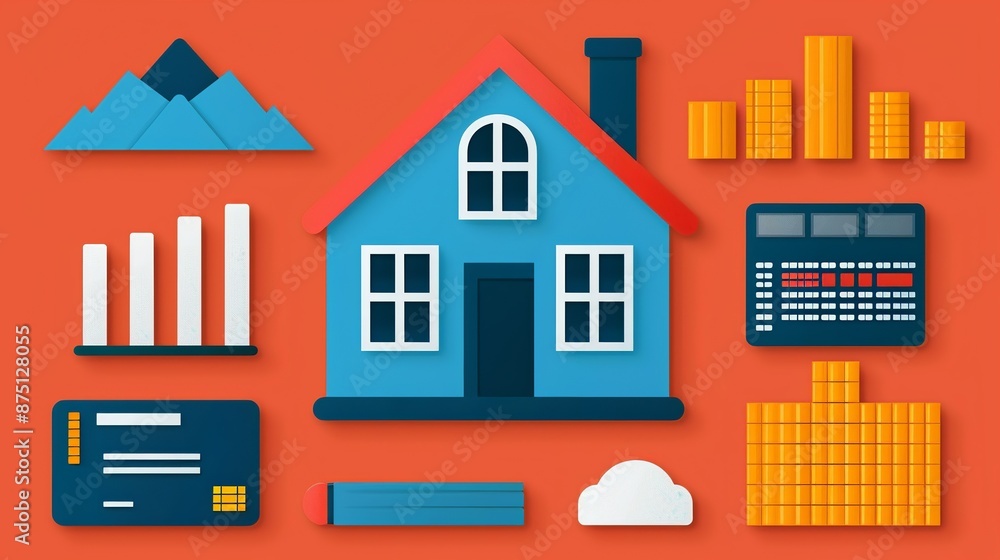 Obraz premium Polished illustration of credit, interest, and loans with harmonious textures and clear icons representing mortgage and banking concepts. Illustration, Image, , Minimalism,