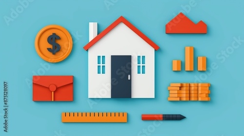 Polished illustration of credit, interest, and loans with harmonious textures and clear icons representing mortgage and banking concepts. Illustration, Image, , Minimalism,