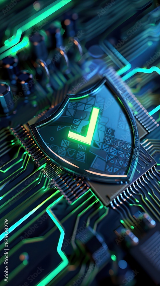 Digital security shield icon on a circuit board background. Printed ...