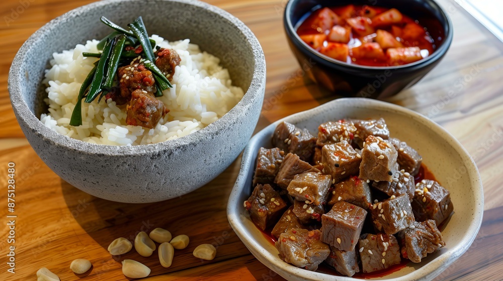 Traditional Korean meal with beef stew, rice, kimchi, and a side of garlic cloves served on a wooden table. Traditional Korean meal with beef stew, rice, kimchi, and a side of garlic cloves served on a wooden table.