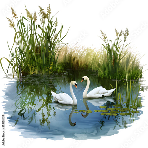 Serene swans on lake with transparent background photo