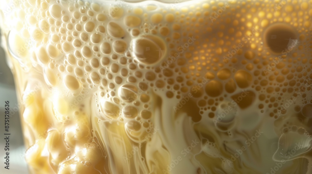 Close-up of frothy, creamy coffee blending warm golden hues with delicate bubbles. Close-up of frothy, creamy coffee blending warm golden hues with delicate bubbles.