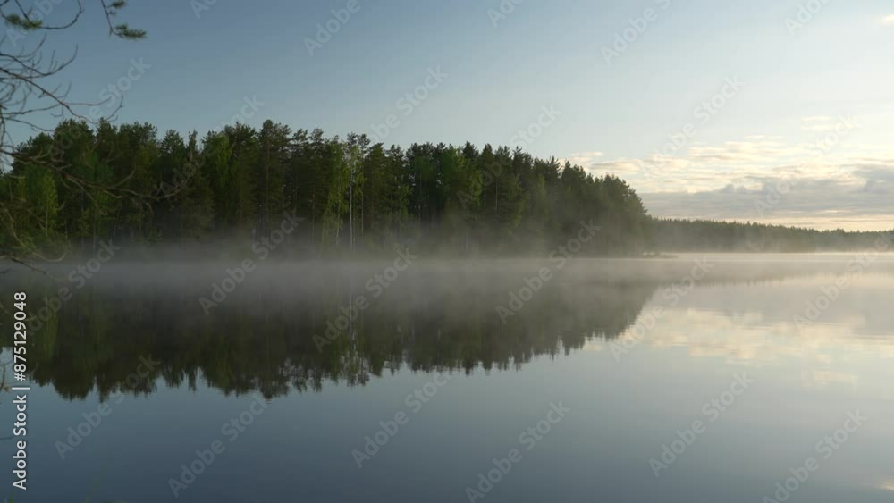 Morning fog on a forest lake. Early morning on a lake in northern Europe. Morning fog on a forest lake. Early morning on a lake in northern Europe.