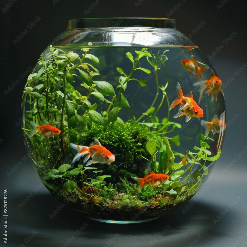 A round glass jar holds colorful goldfish swimming gracefully amidst lush aquatic plants. A round glass jar holds colorful goldfish swimming gracefully amidst lush aquatic plants.