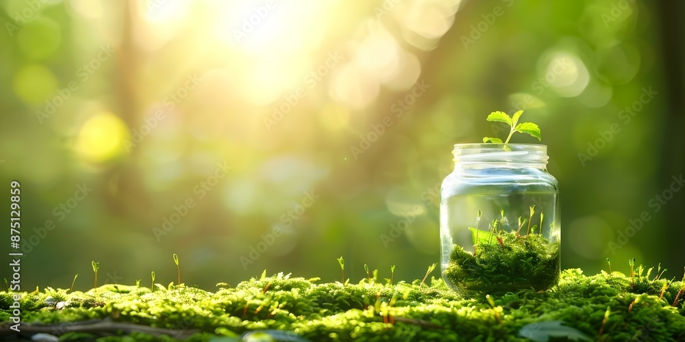 Sunlit forest scene with glass jar containing green moss, symbolizing nature and tranquility. Concept Forest Photography, Glass Jar, Moss, Nature, Tranquility Sunlit forest scene with glass jar containing green moss, symbolizing nature and tranquility. Concept Forest Photography, Glass Jar, Moss, Nature, Tranquility