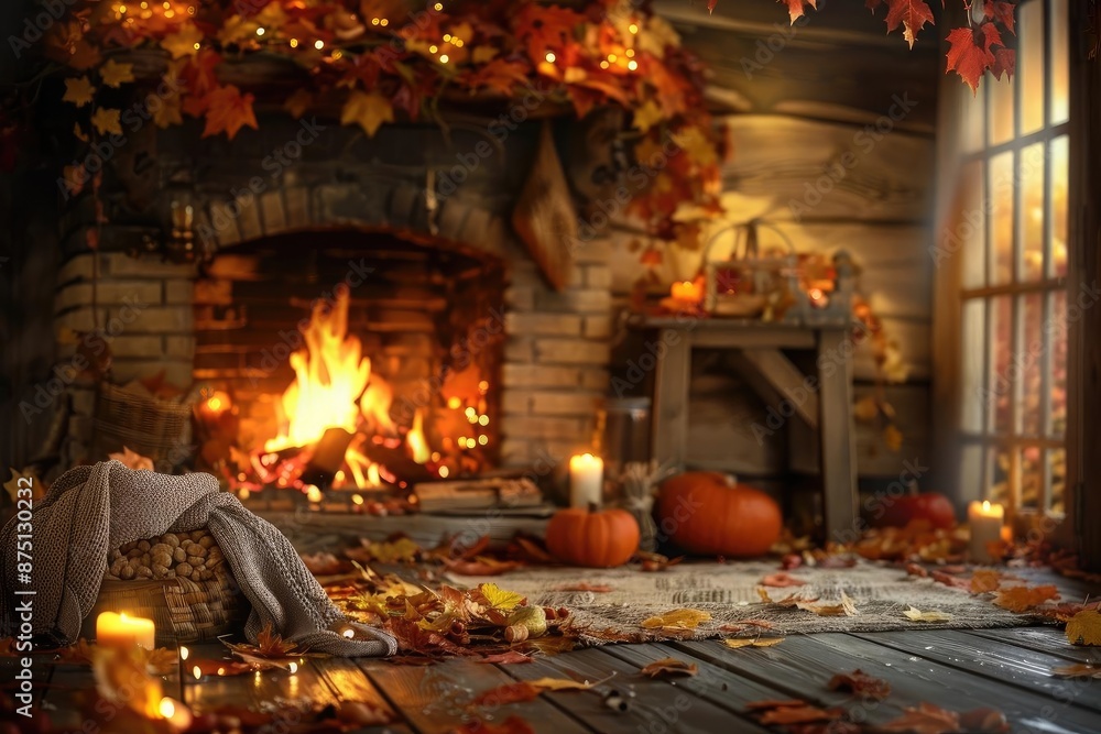 Cozy autumn scene with a warm fireplace, decorated with pumpkins and fall foliage, creating a perfect rustic fall atmosphere. Cozy autumn scene with a warm fireplace, decorated with pumpkins and fall foliage, creating a perfect rustic fall atmosphere.