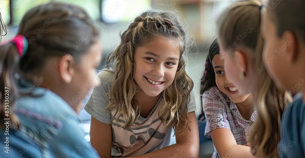 Obraz premium Group of happy children collaborating on a project in a classroom, smiling and engaged in active learning.