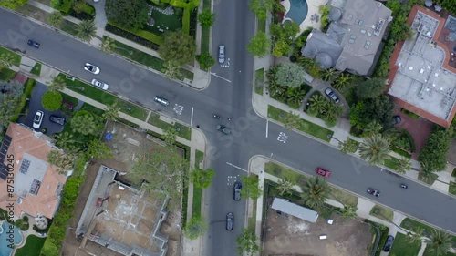 Aerial Top Panning Shot Of Residential Houses On City Landscape - Beverly Hills, California