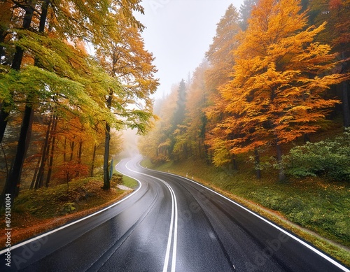 An empty asphalt road winds scenically through an autumn forest after the rain. Generated with AI photo