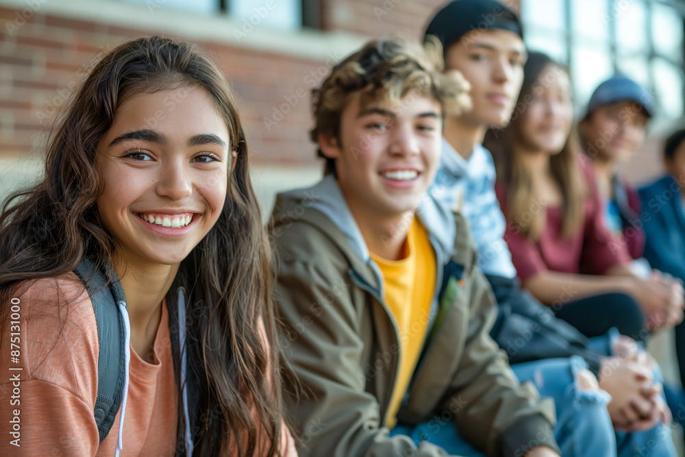 Group of happy teenagers sitting together outside a school building, enjoying each other company and smiling brightly Group of happy teenagers sitting together outside a school building, enjoying each other company and smiling brightly