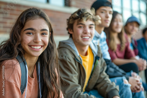 Group of happy teenagers sitting together outside a school building, enjoying each other company and smiling brightly