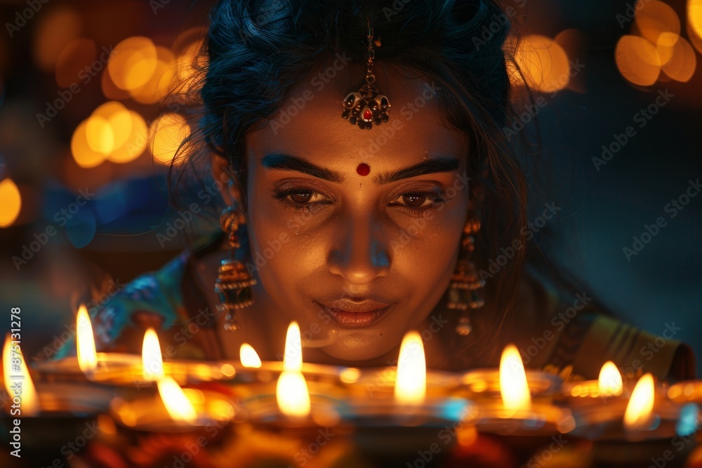 A woman celebrating Diwali, surrounded by glowing lamps, deep in thought, reflecting the spiritual and cultural essence of the festival. A woman celebrating Diwali, surrounded by glowing lamps, deep in thought, reflecting the spiritual and cultural essence of the festival.
