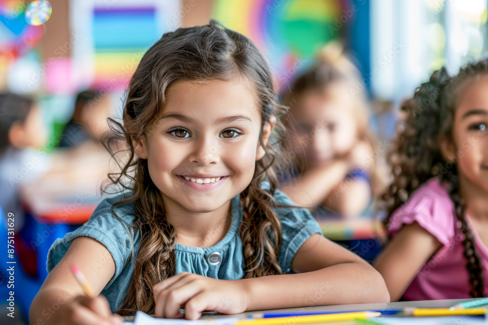 A smiling schoolgirl with braided hair enjoys drawing in a vibrant classroom filled with engaged classmates and colorful decorations A smiling schoolgirl with braided hair enjoys drawing in a vibrant classroom filled with engaged classmates and colorful decorations