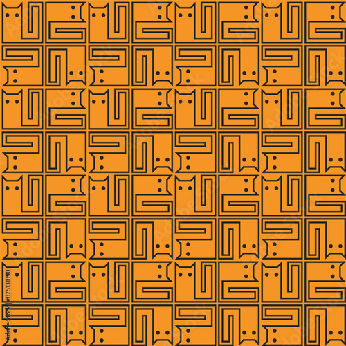 seamless repeat pattern abstract cat in black outline style with yellow background
