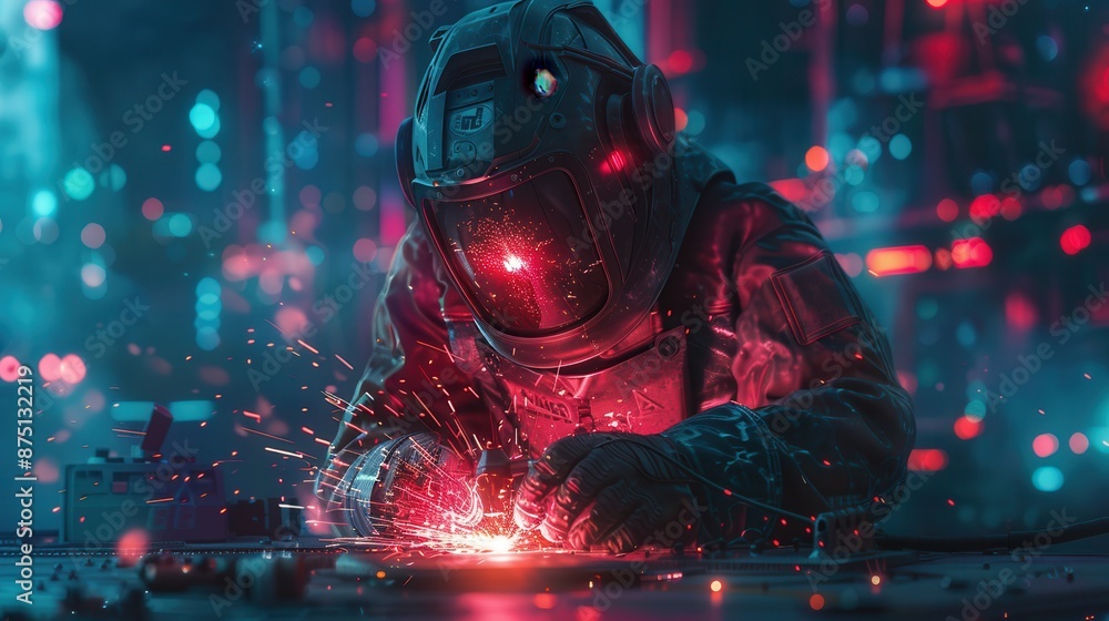 A futuristic astronaut works on a glowing metal object in a neon-lit city. A futuristic astronaut works on a glowing metal object in a neon-lit city.