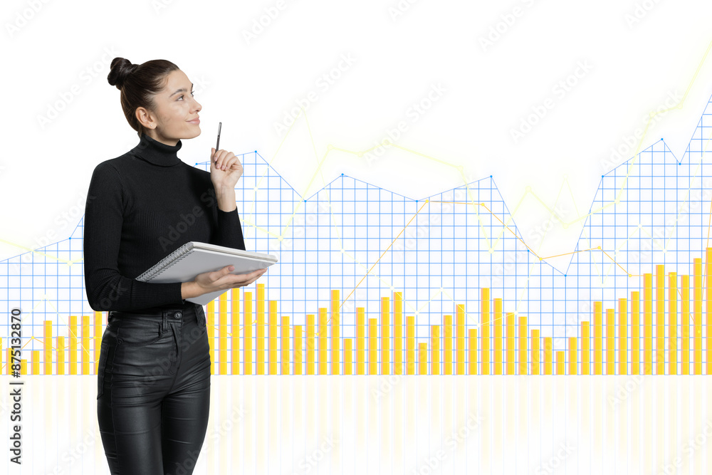 A thoughtful woman with a notepad analyzing colorful bar charts and line graphs on a transparent grid background, concept of data analysis A thoughtful woman with a notepad analyzing colorful bar charts and line graphs on a transparent grid background, concept of data analysis