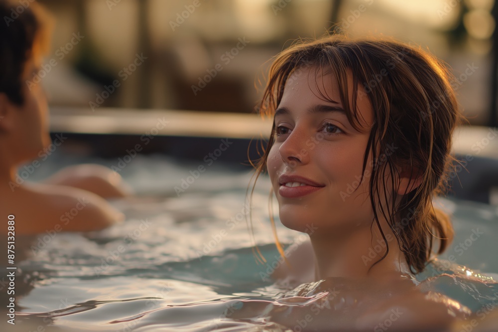 Obraz premium Woman enjoying a peaceful soak in a pool at dusk.