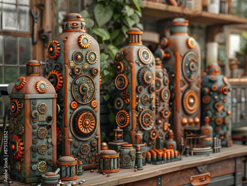 Steampunk Workshop A steampunk-inspired workshop filled with intricate gadgets and machinery. Each item features detailed textures and a combination of metal and wood elements